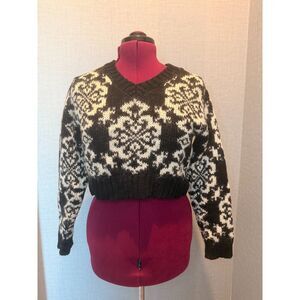 Gap Vintage Mohair Wool Blend Sweater Black Cream Damask Cropped V-Neck M Gothic